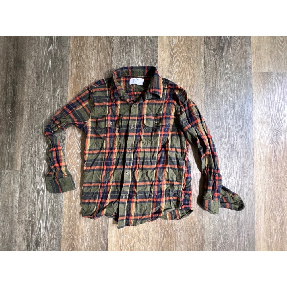 Old Navy Flannel Shirt Kids Size L 10-12 Olive Green Orange Plaid Button Down